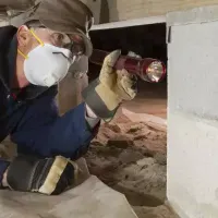 technician inspecting crawlspace for termites with flashlight