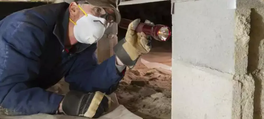 technician inspecting crawlspace for termites with flashlight
